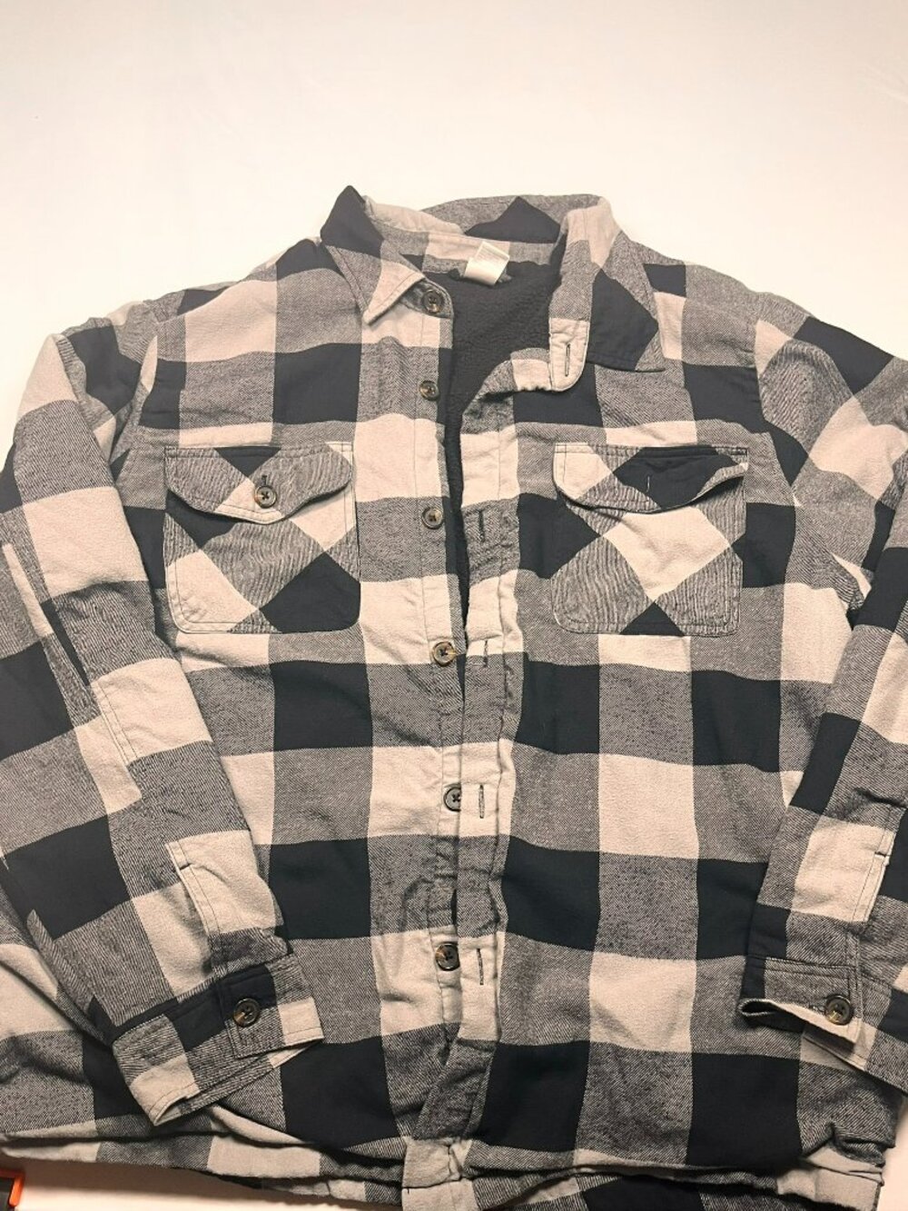Highland Timber Sherpa Lined Flannel Shirt Jacket Black Grey Plaid Shacket Warm